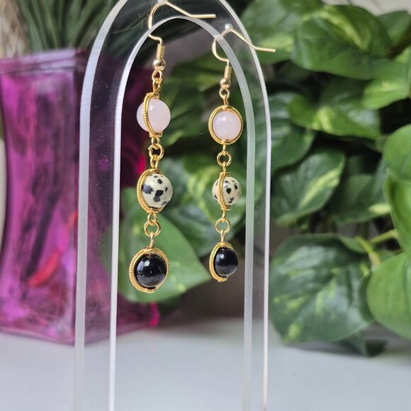 Dalmatian Jasper, Rose Quartz and Black Obsidian Earring Dangles - Picture 5 of 7